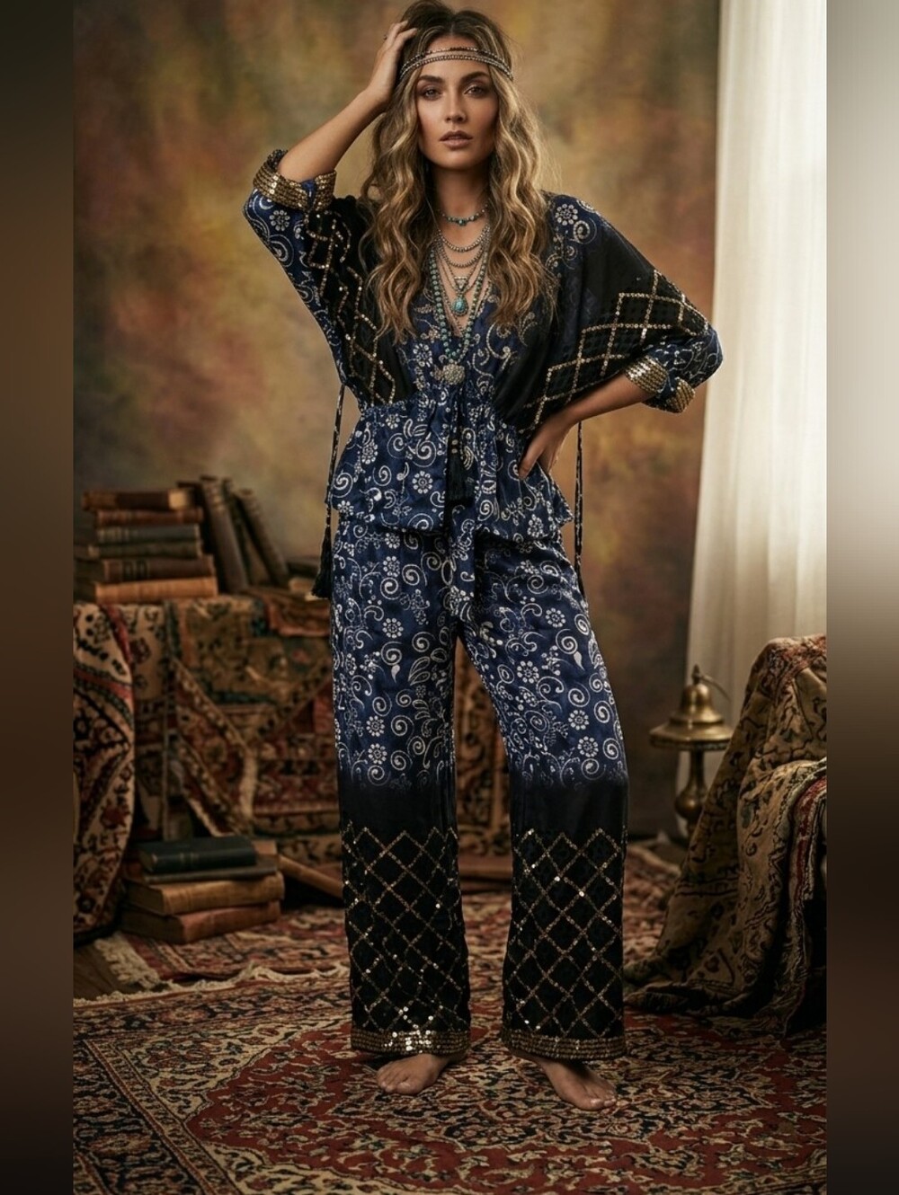 ZURY Boho Navy Paisley Embellished Outfit